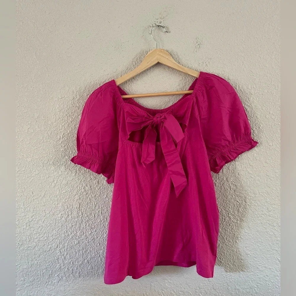 J. Crew Hot Pink Puff Sleeve Scoop Neck Top